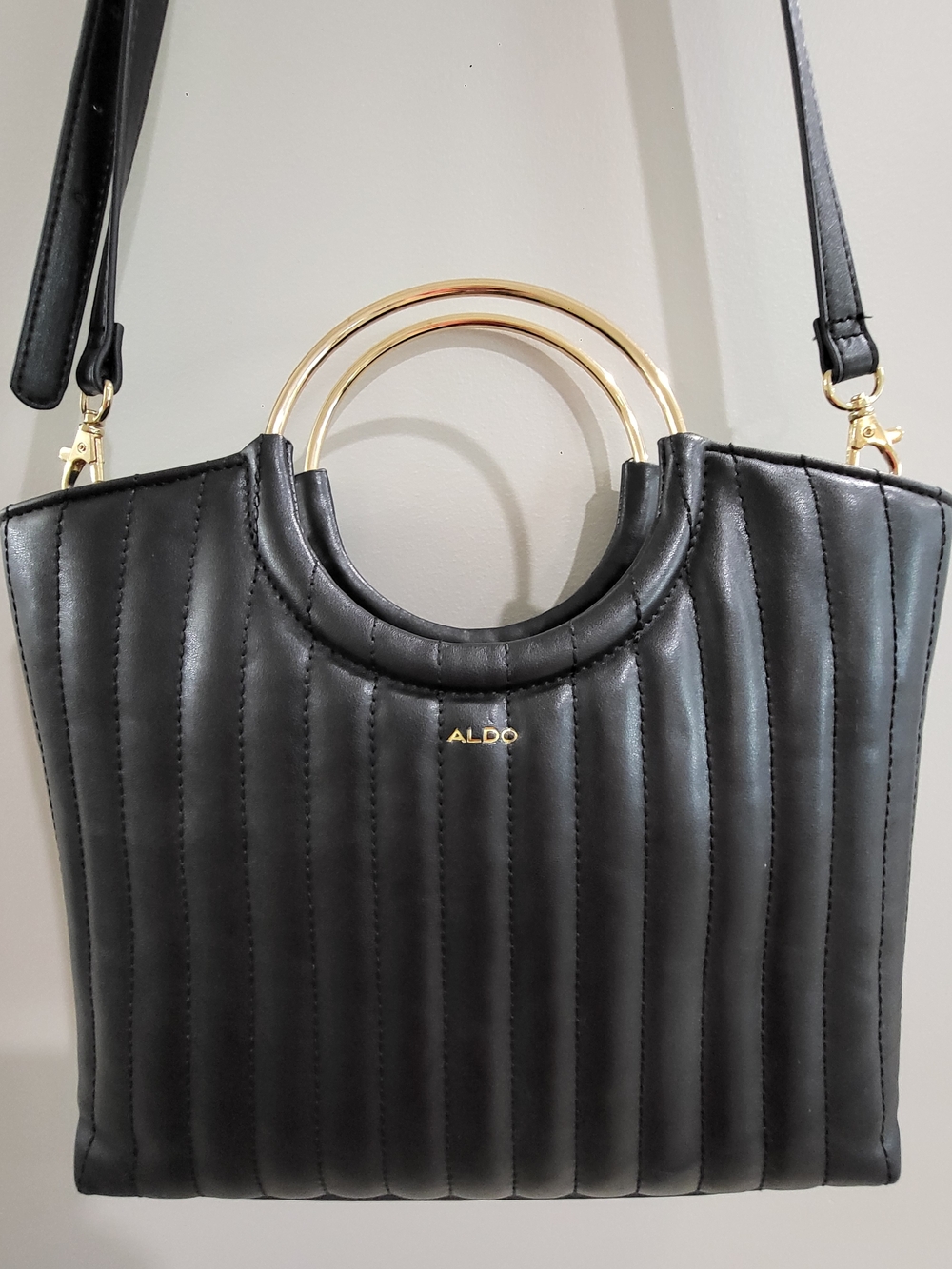 ALDO Black Quilted Tote with Gold Ring Handles